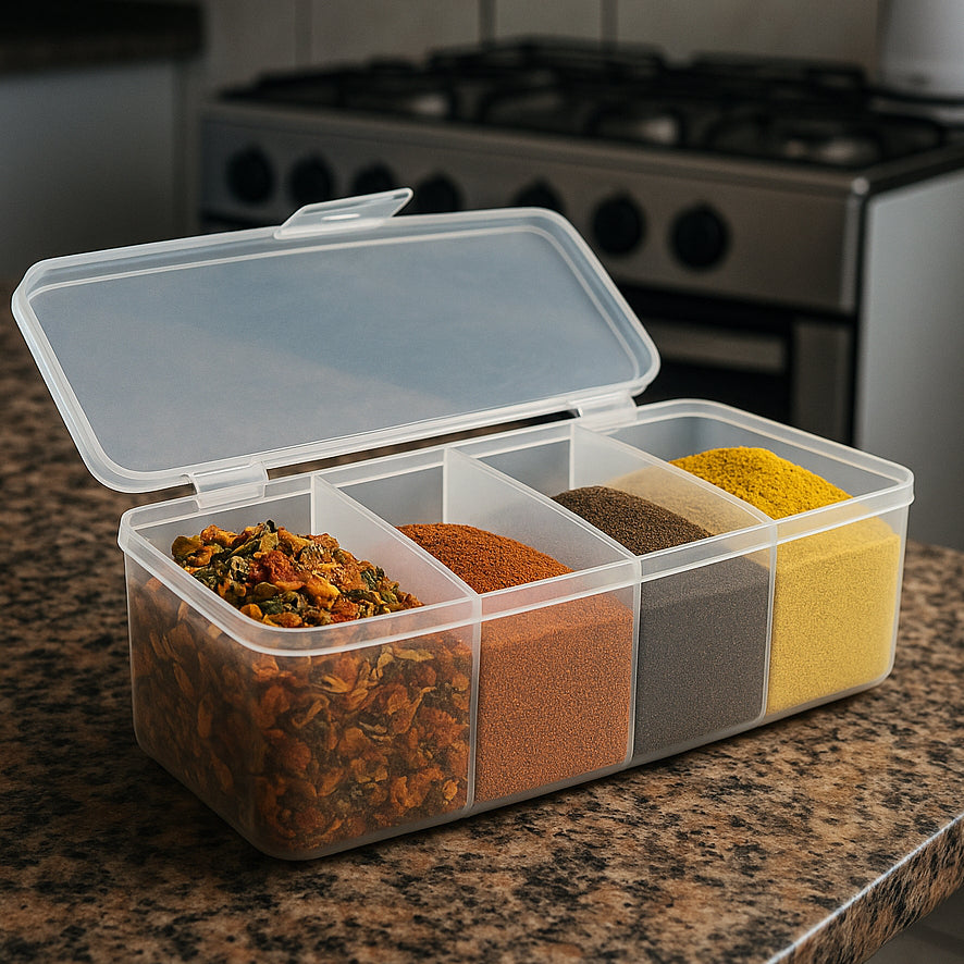 Porta Condimentos com 4 Divisórias + 4 Colheres – Organização com Estilo para Sua Cozinha
