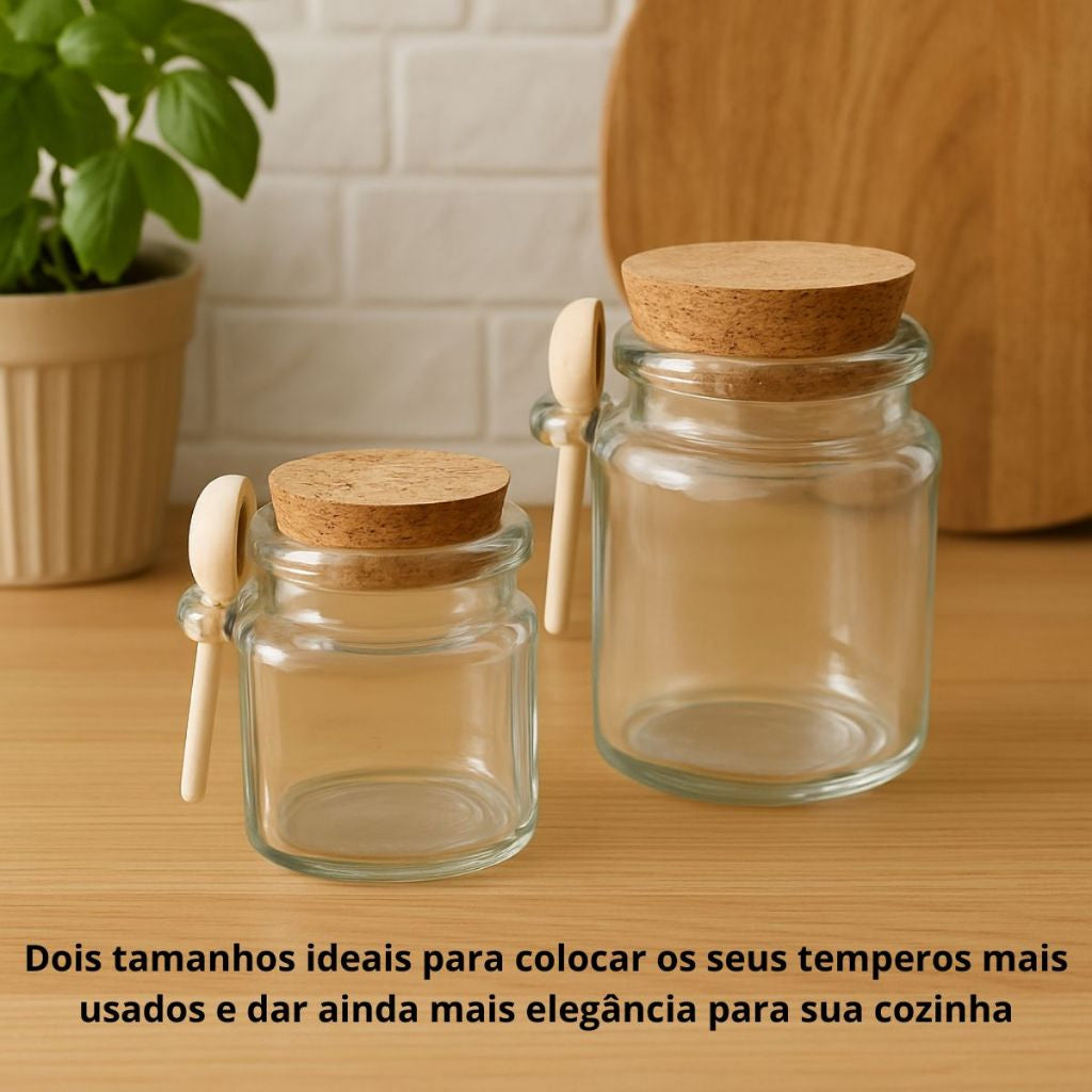 Kit Potes de Vidro Com Colher Bambu - Tampa Rolha Temperos e Condimentos