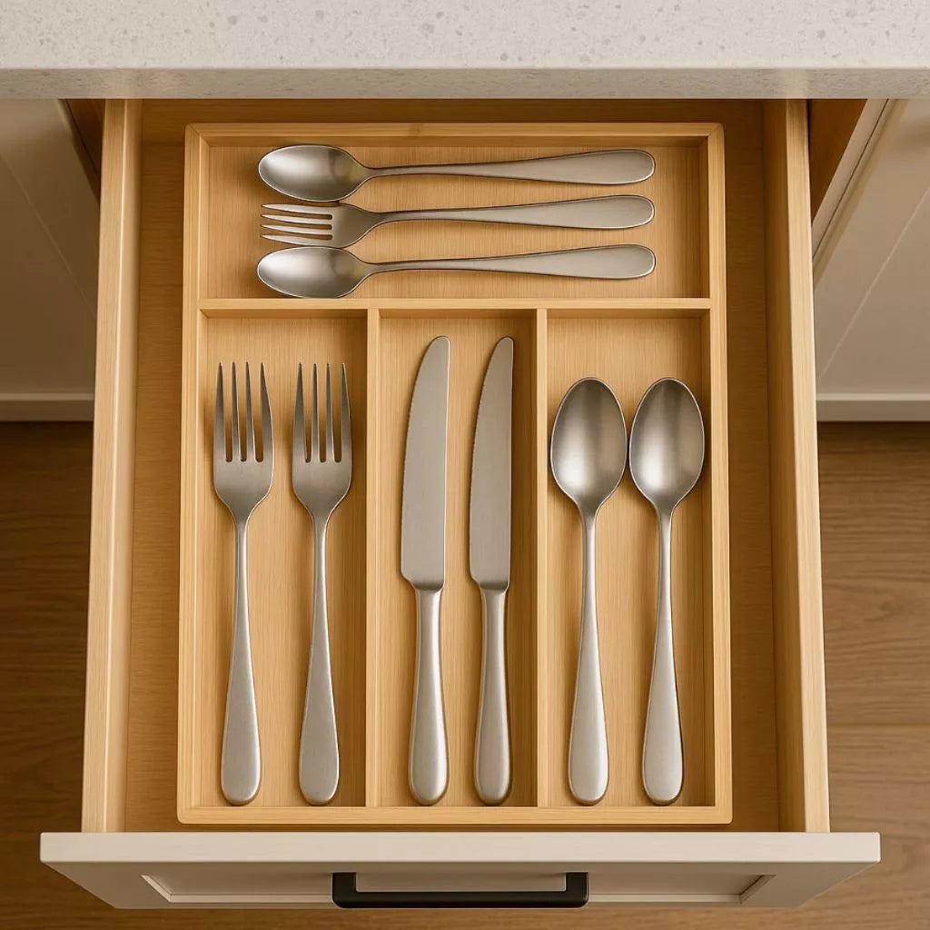Porta Talheres de Bambu com 4 Divisórias – Organizador de Gaveta Sustentável e Elegante