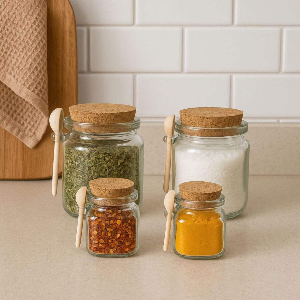 Kit Potes de Vidro Com Colher Bambu - Tampa Rolha Temperos e Condimentos